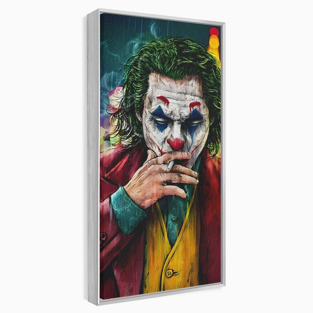 Tablou canvas cu tablou canvas cu jokerul fumand in ploaie, in rama de aluminiu argintiu